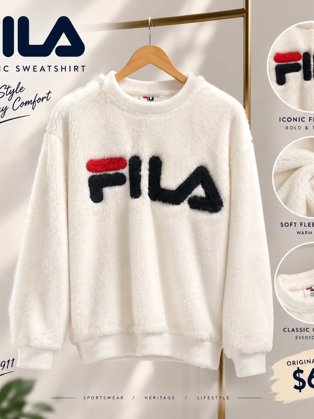 Fila White Plush Logo Crewneck Sweatshirt with Black & Red Accents